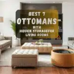 A stylish living room featuring various ottomans with hidden storage in different shapes and materials, placed near sofas and decor.