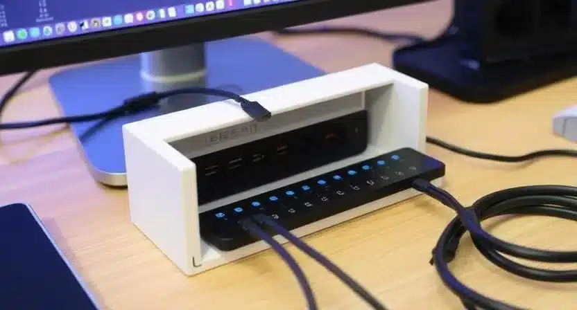Surge protector hidden inside a sleek cable management box with multiple charging ports.