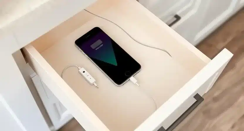 Open drawer with built-in USB-C power strip charging multiple devices neatly.