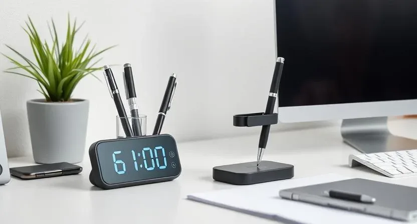 Compact desk organizer with pen holder, wireless charger, and digital clock on a work desk.