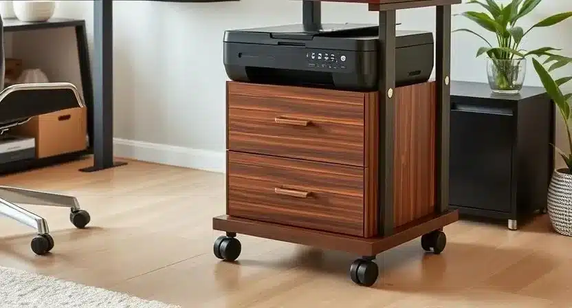 Rolling printer stand with drawers, charging ports, and lockable wheels under a desk.