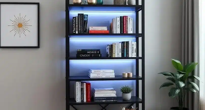 Black modern bookshelf with built-in LED lighting showcasing books and decor.