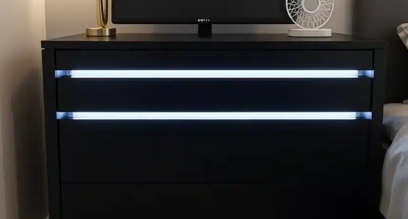 Modern black dresser with drawers, USB ports, and voice-controlled LED light.