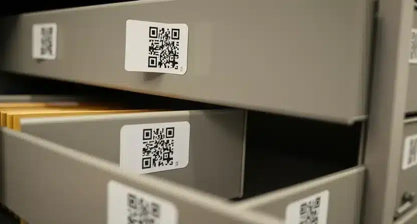 Filing cabinet drawers labeled with smart QR code stickers for digital tracking.