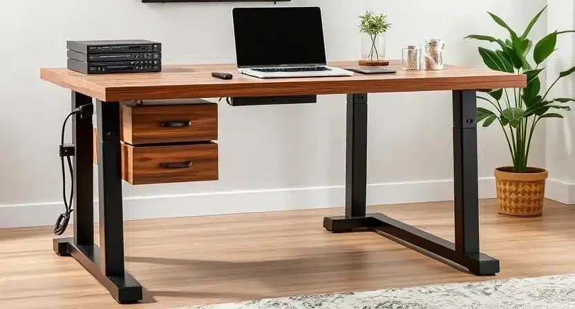 L-shaped electric standing desk with built-in drawers and power outlets in a rustic home office.
