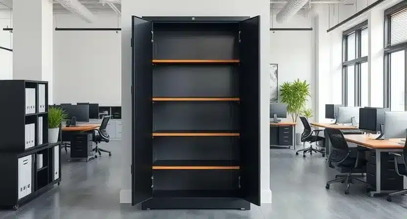 Tall black metal cabinet with locking doors and adjustable shelves in an office setting.
