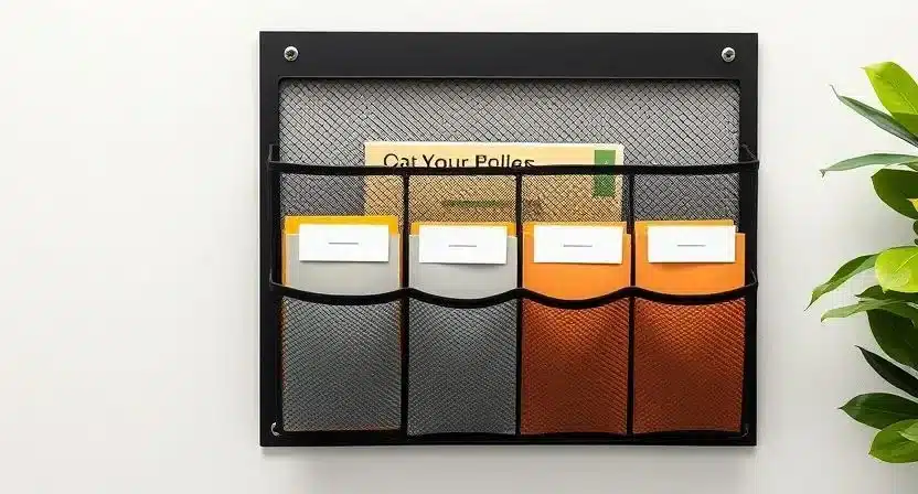 Black mesh wall-mounted file organizer with 5 labeled pockets holding documents.