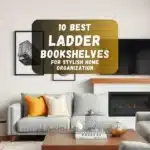 Modern living room with a stylish wooden ladder bookshelf filled with books, plants, and decor items.