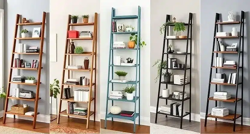 Collage of different ladder bookshelves in various home settings—living room, office, bathroom.
