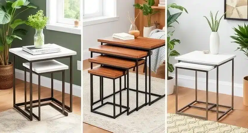 Collection of 3 nesting table sets in various styles and finishes