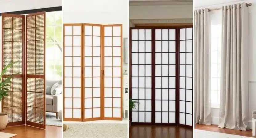 Collage of 4 room dividers in various styles, including foldable screens, curtain dividers, and wooden panels.