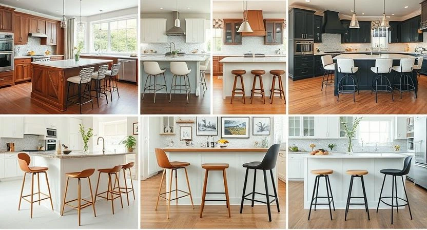A variety of stylish bar stools arranged at different kitchen counters and home bars, showcasing modern, rustic, and classic styles.