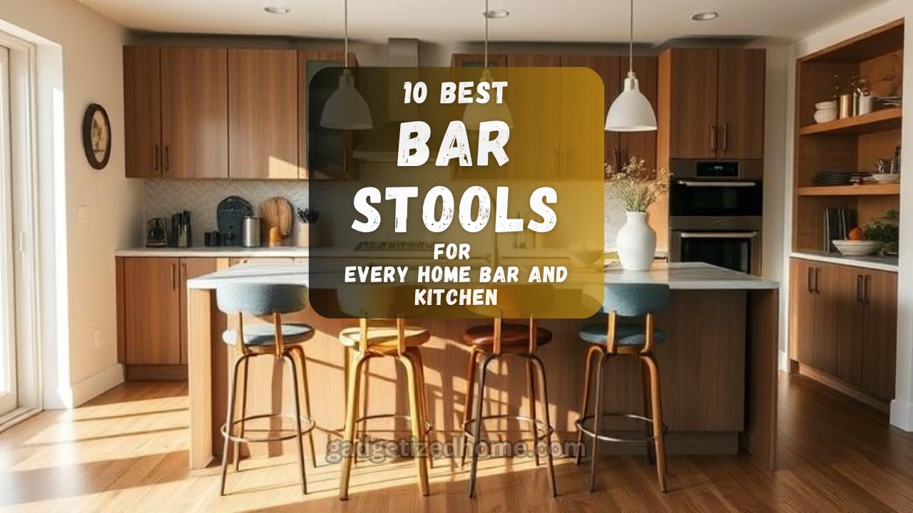 A modern kitchen island with a mix of stylish bar stools in various materials and colors.