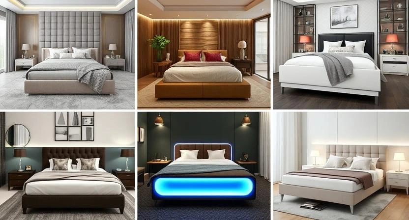 A collage of 5 stylish bedroom setups, each showing a different bed style including modern, rustic, luxury, minimalist, and tech-smart designs.