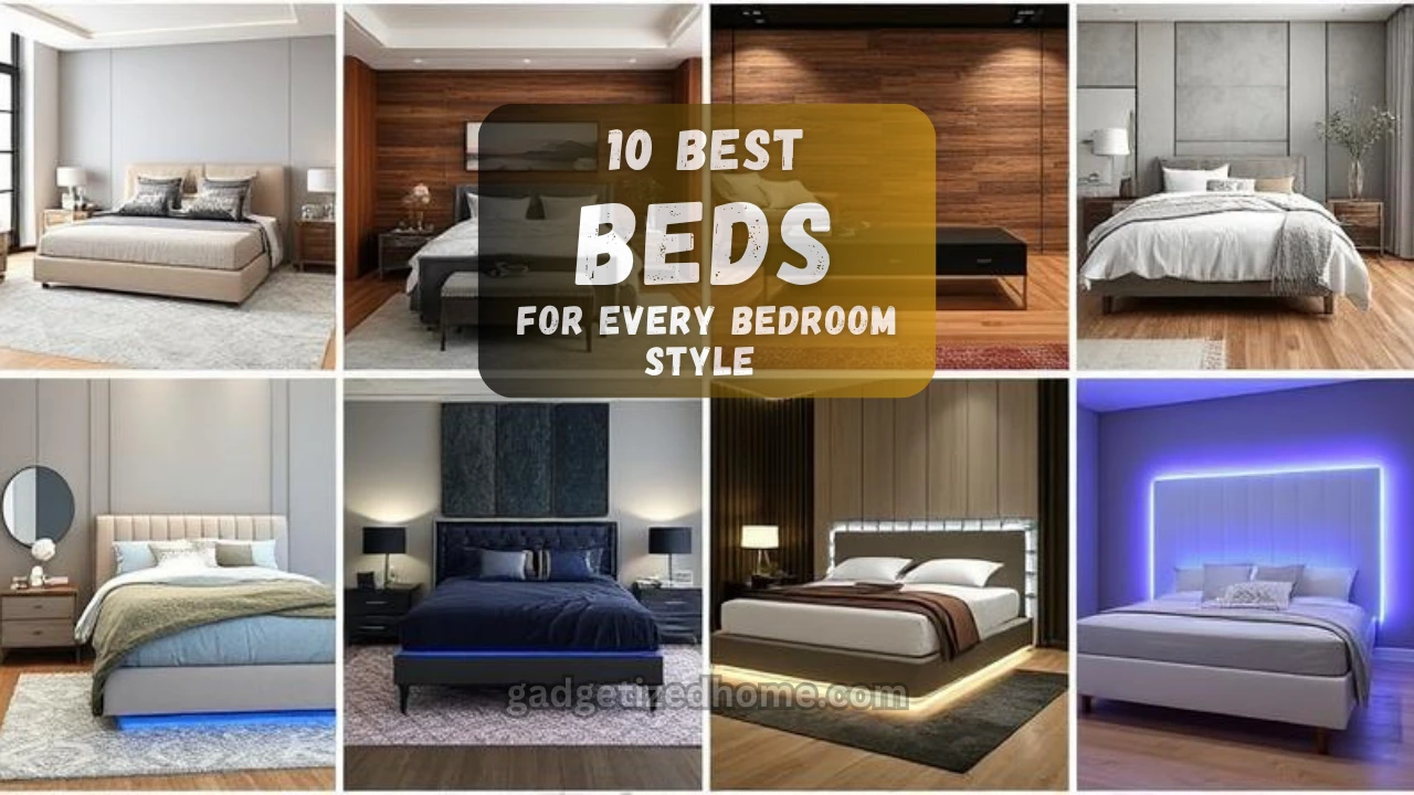 A collage of 5 stylish bedroom setups, each showing a different bed style including modern, rustic, luxury, minimalist, and tech-smart designs.