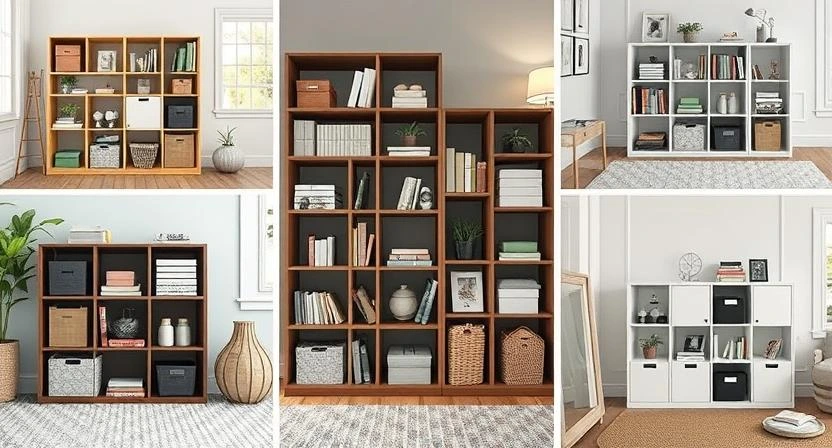 A collage of various cube storage units in different rooms like bedrooms, closets, and living rooms.