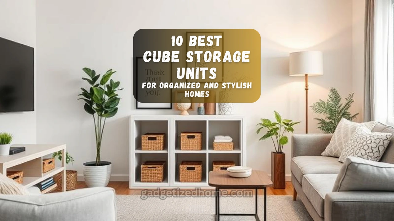 Stylish living room with a modern cube storage unit featuring bins, books, and decorative plants.
