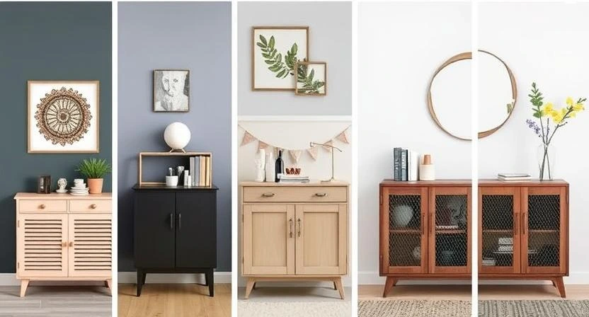 Stylish accent cabinet with sliding doors, placed in a modern living room with storage items inside.