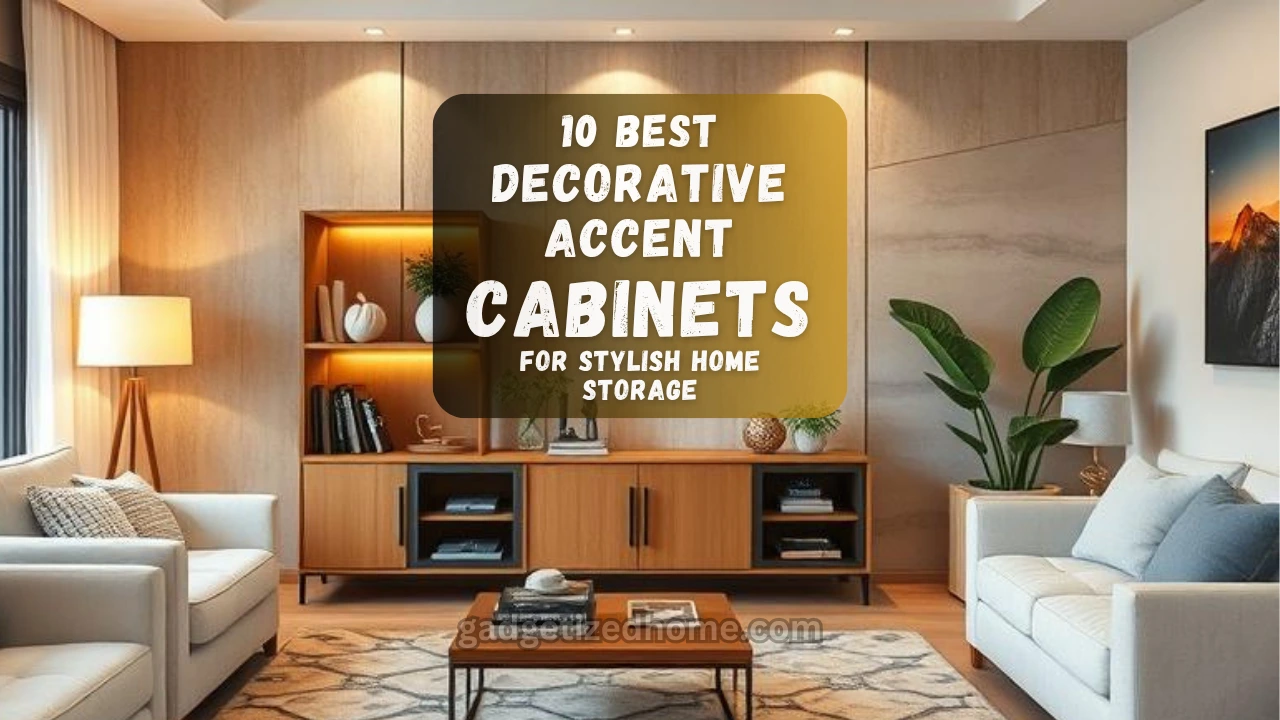 A stylish living room featuring a decorative accent cabinet with modern decor and warm lighting.