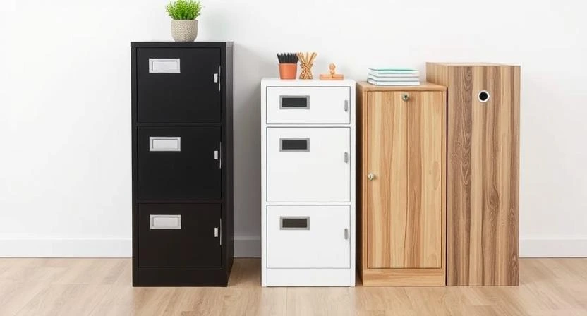 A lineup of various lockable filing cabinets in different styles and finishes, ideal for home offices.