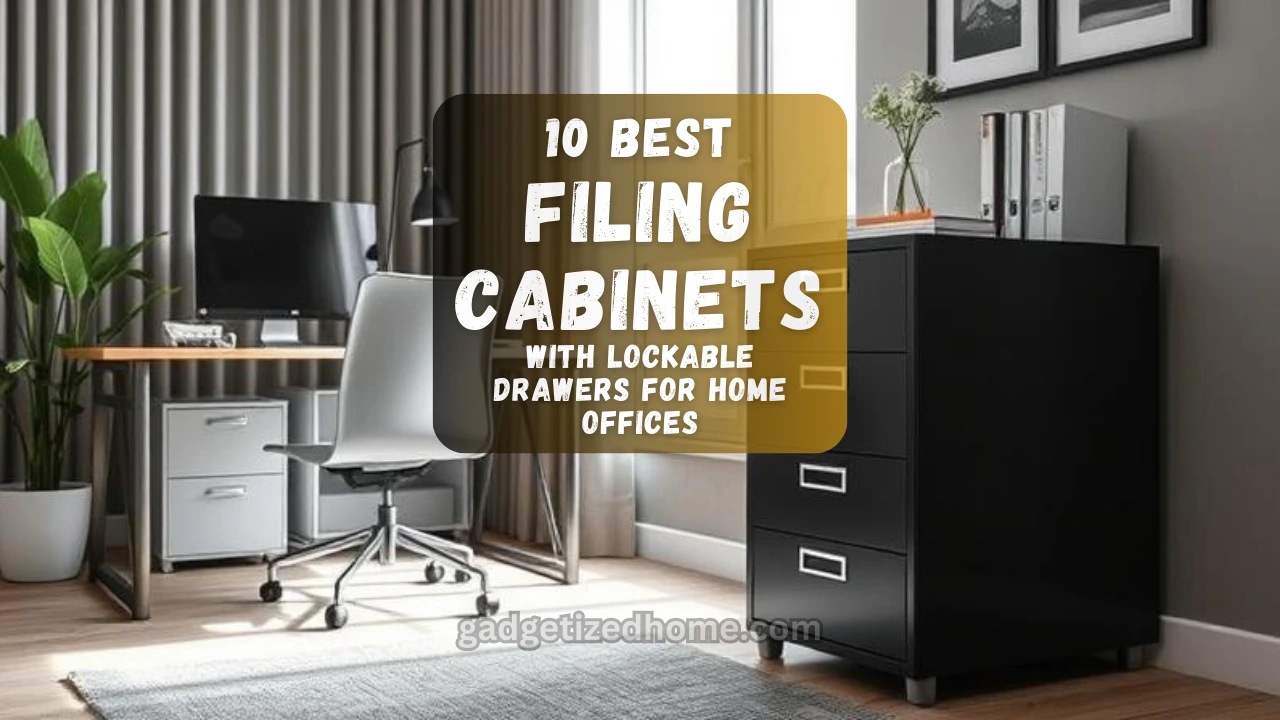 A collection of stylish lockable filing cabinets arranged in a modern home office setting.
