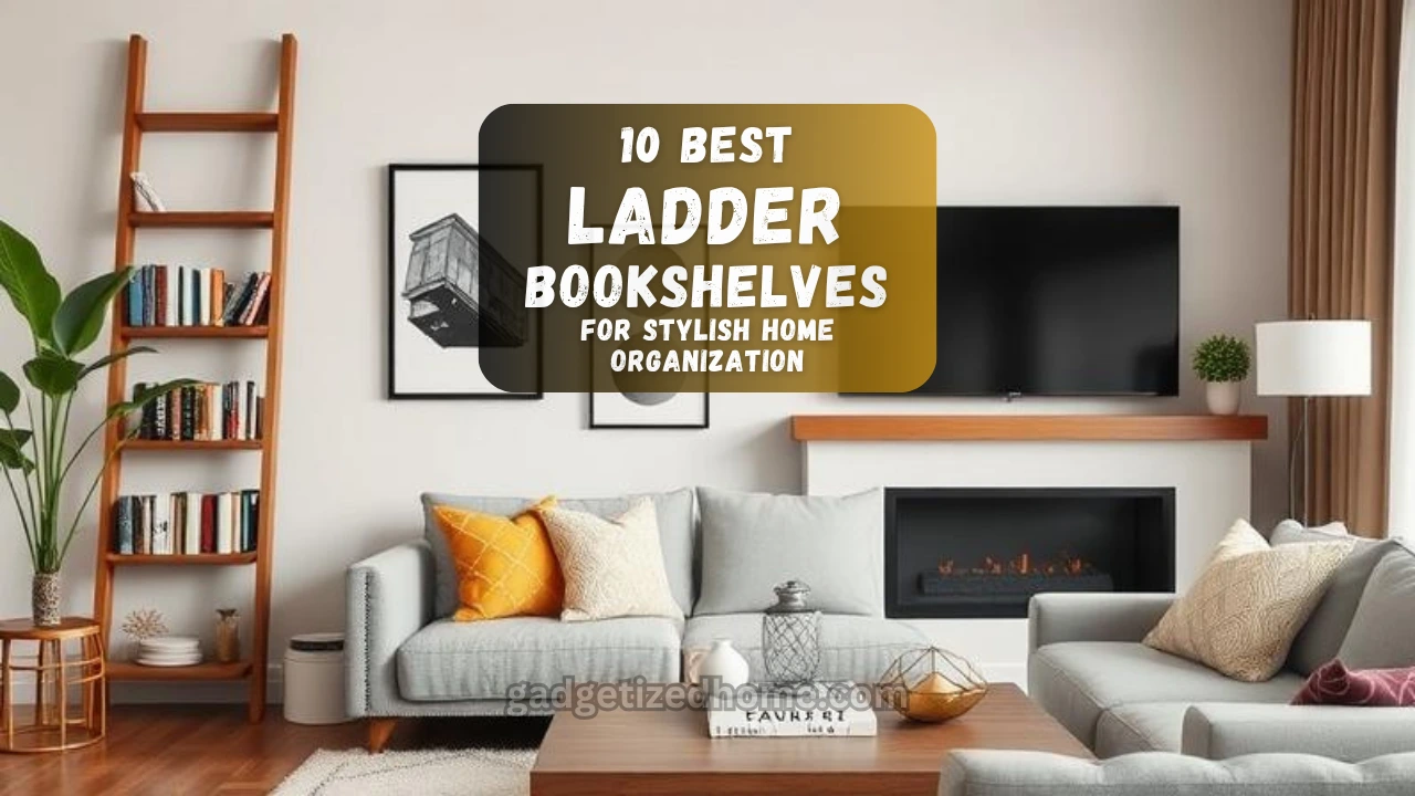 Modern living room with a stylish wooden ladder bookshelf filled with books, plants, and decor items.