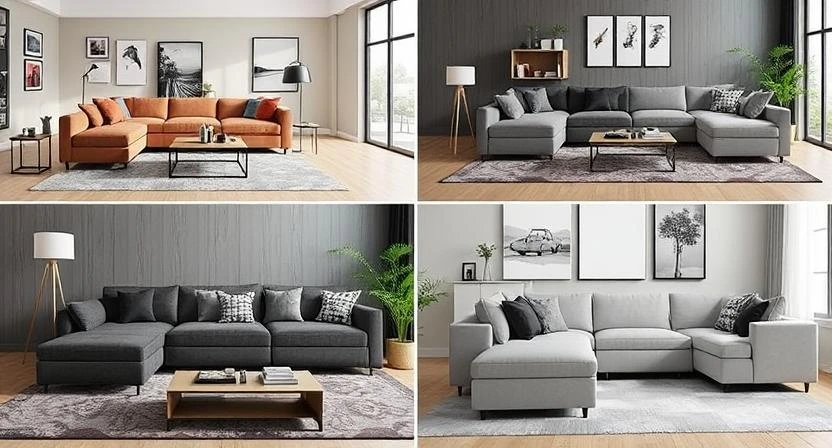 A collage of various modular furniture sets including sofas, shelves, and desks in modern interiors.
