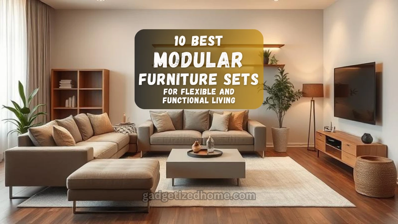 A modern living room with modular furniture pieces, including a sectional sofa, ottoman, and storage units arranged flexibly.