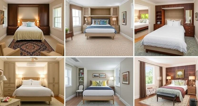 A collage of 10 different Murphy bed styles in small guest rooms.