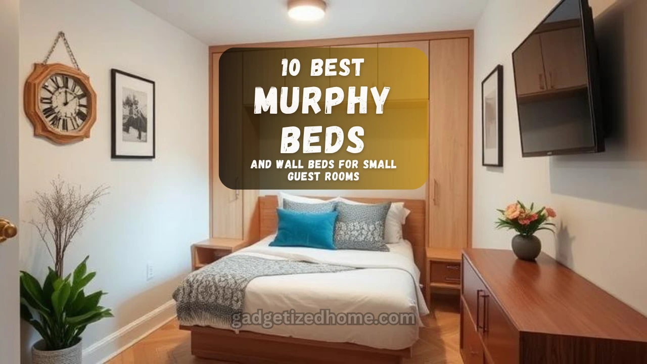 A stylish small guest room with a modern Murphy bed folded up, showing a cozy space-saving layout.