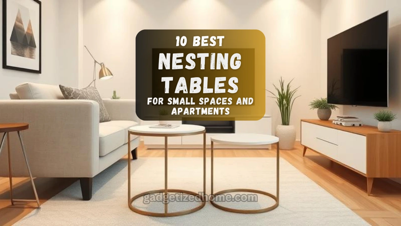 Modern living room with white and wooden nesting tables beside a cozy sofa in a small apartment