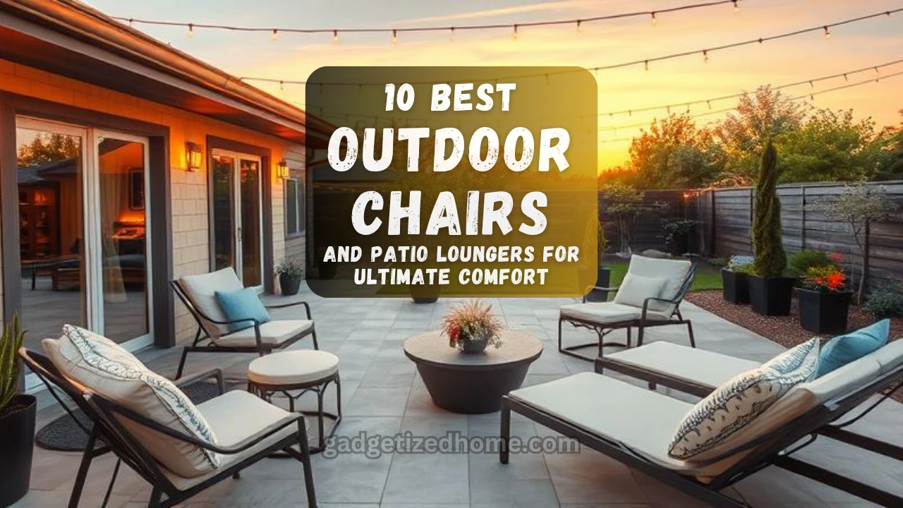 A cozy backyard setup with modern patio chairs, loungers, cushions, and string lights at sunset.