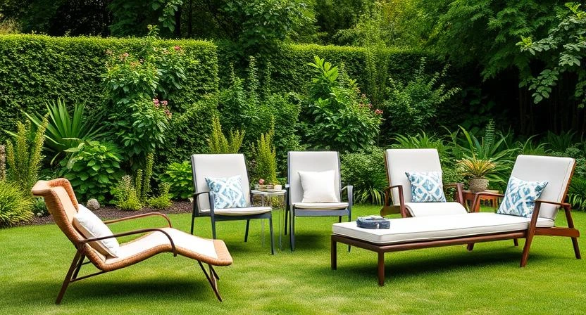 A lineup of various outdoor chairs and loungers arranged in a garden setting.