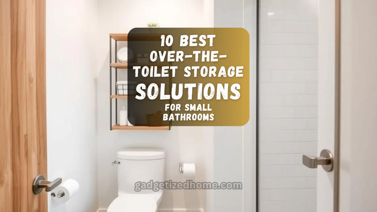 Modern small bathroom with a stylish over-the-toilet storage shelf, holding towels and toiletries.