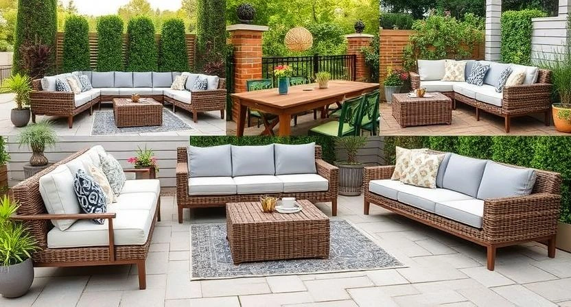 Cozy patio setup with a sectional sofa, cushions, and greenery under soft lighting