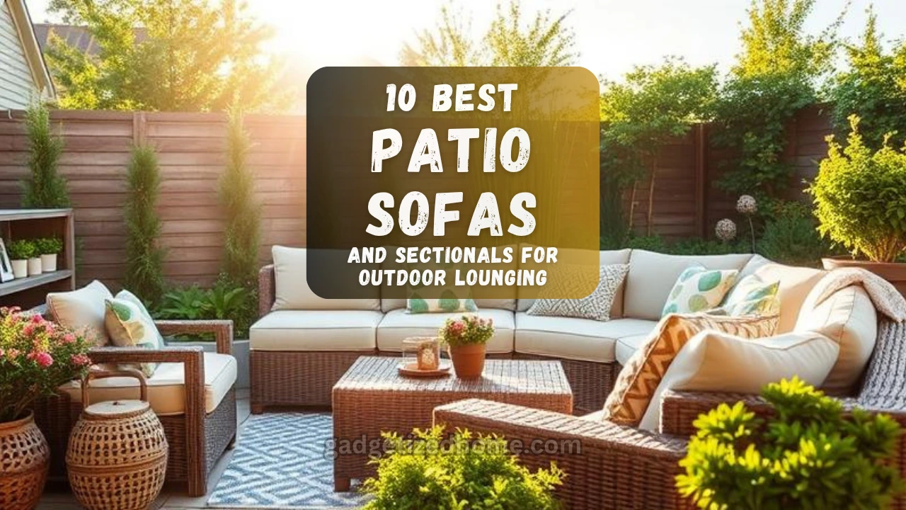 Cozy patio setup with a sectional sofa, cushions, and greenery under soft lighting