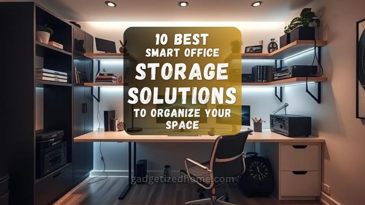 Modern smart home office setup with smart desk, shelves, and tech-friendly storage solutions.