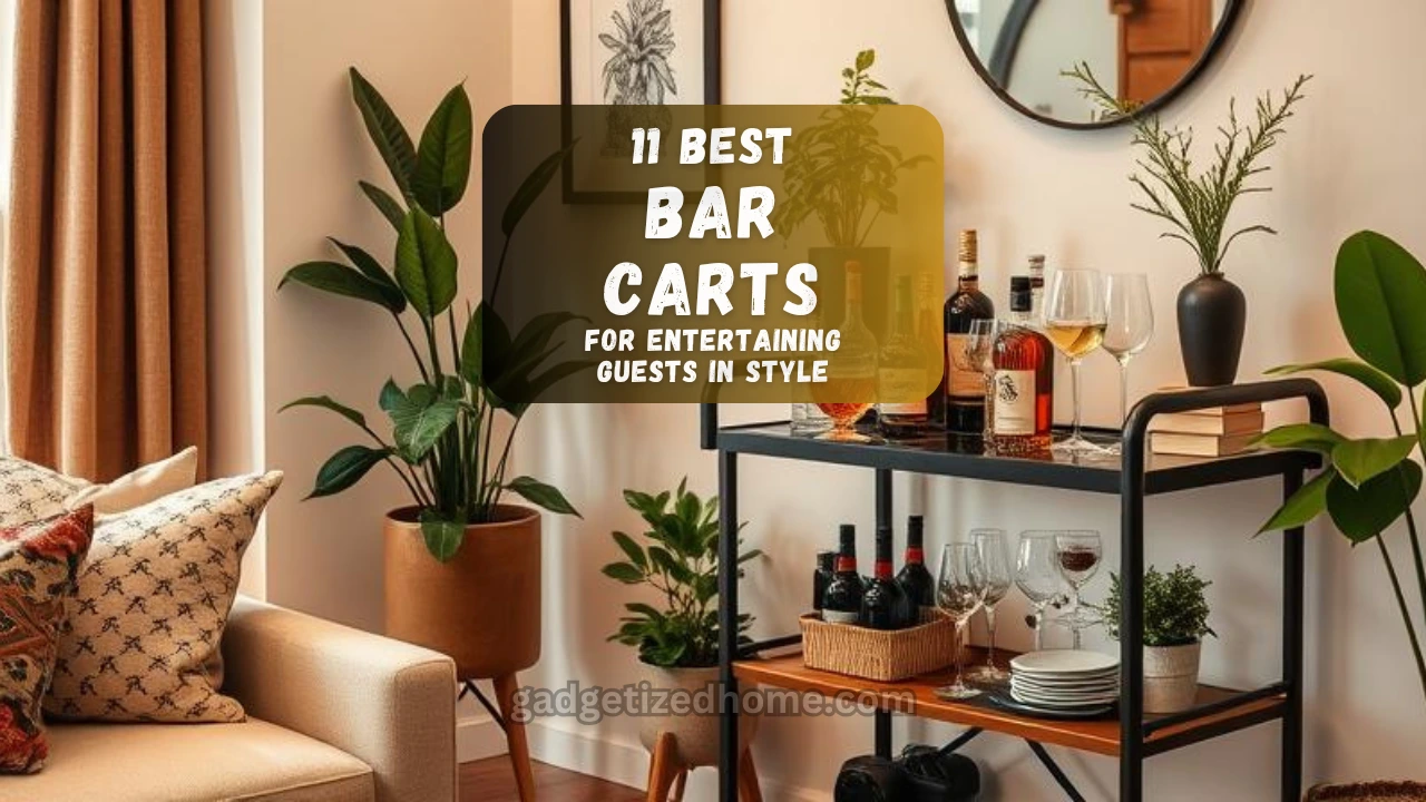 Stylish home setup with a modern bar cart, stocked with drinks and glassware.