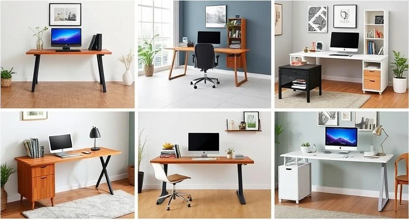 Collection of stylish home office desks including standing desks, L-shaped setups, and compact designs in various modern interiors