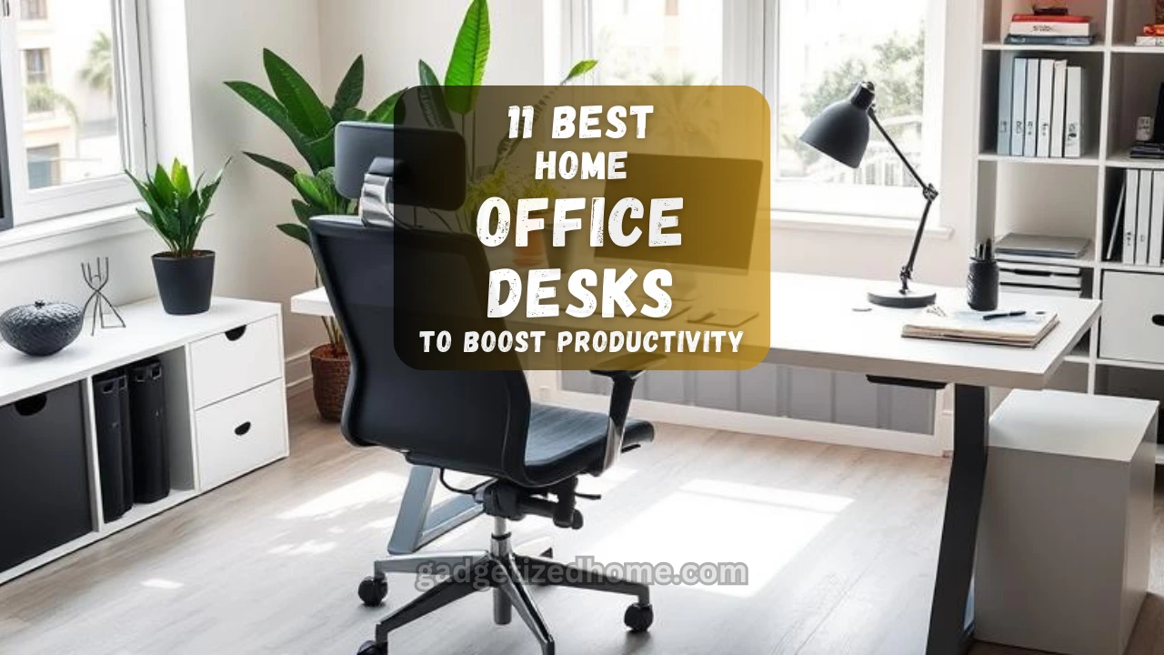 Modern home office setup with a sleek desk, ergonomic chair, laptop, and indoor plant in a bright room