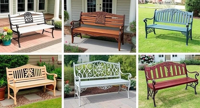 A variety of decorative garden benches in different styles arranged in a lush backyard.
