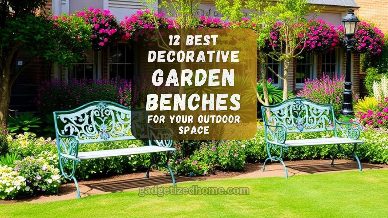 A variety of decorative garden benches in different styles arranged in a lush backyard.