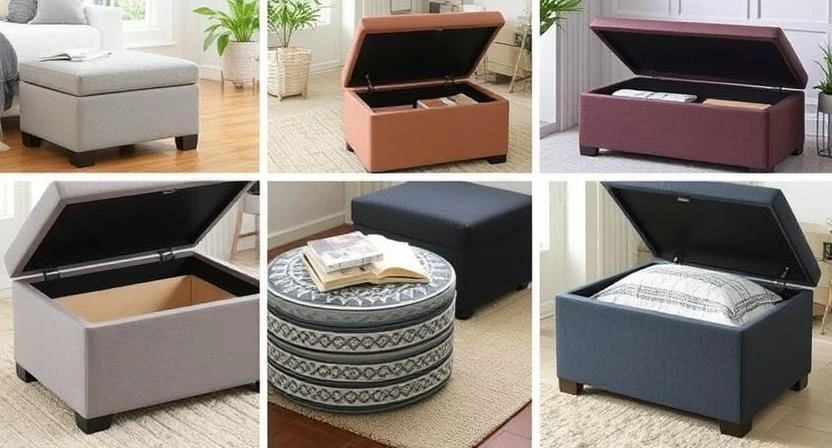A collage of stylish storage ottomans ideal for small apartments, in different shapes and functions.
