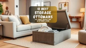 A modern living room with a stylish storage ottoman placed in front of a sofa, showing hidden storage space inside.