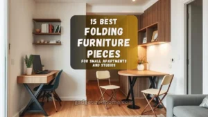 Compact modern apartment with various folding furniture pieces like a wall-mounted desk, folding dining table, and collapsible chairs.