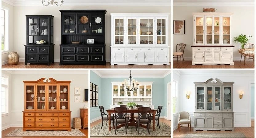 Collage of six elegant china cabinets in different styles and finishes, displayed in dining room settings.