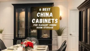 Elegant dining room with a modern black china cabinet, showcasing glassware and dishes.