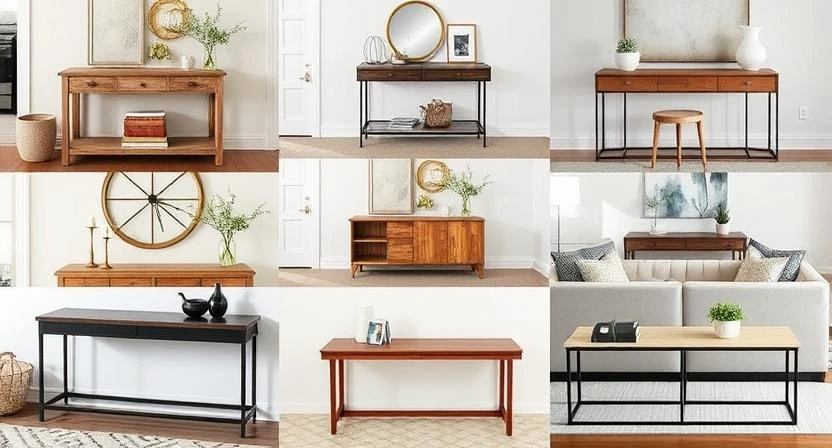 A lineup of stylish console tables in different styles and finishes, placed in entryways and behind sofas