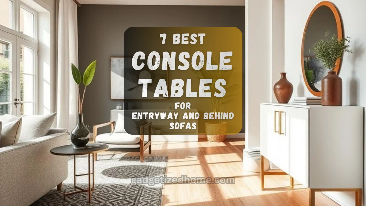 Stylish console table placed behind a sofa in a modern living room with decor elements