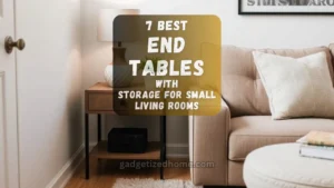 A cozy small living room with a modern end table featuring drawers and a lamp, surrounded by minimalist decor.